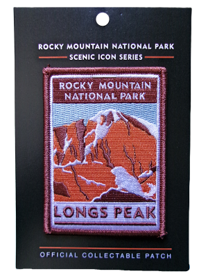 The official collectible patch, "Patch - RMNP Longs Peak," showcases an embroidered depiction of Longs Peak in Rocky Mountain National Park, with the text "Rocky Mountain National Park" and "Longs Peak.