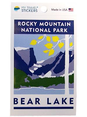 The Sticker - RMNP Travel Sticker Bear Lake features mountains, trees, and yellow leaves of Rocky Mountain National Park with "Bear Lake," plus "My Travel Stickers" and "Made in USA" printed on it.